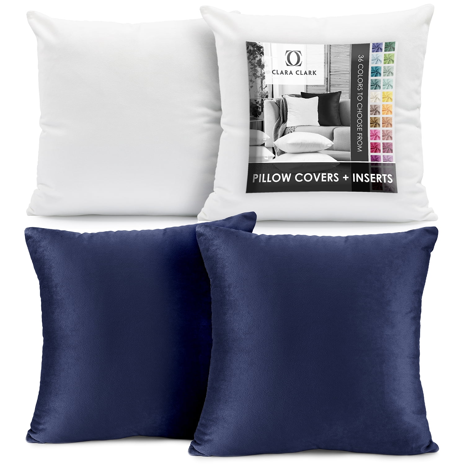 Clara Clark Plush Solid Decorative Microfiber Square Throw Pillow Cover with Throw Pillow Insert for Couch, Royal Blue, 22"x22"", 4 Piece Decorative Soft Throw Pillow Set