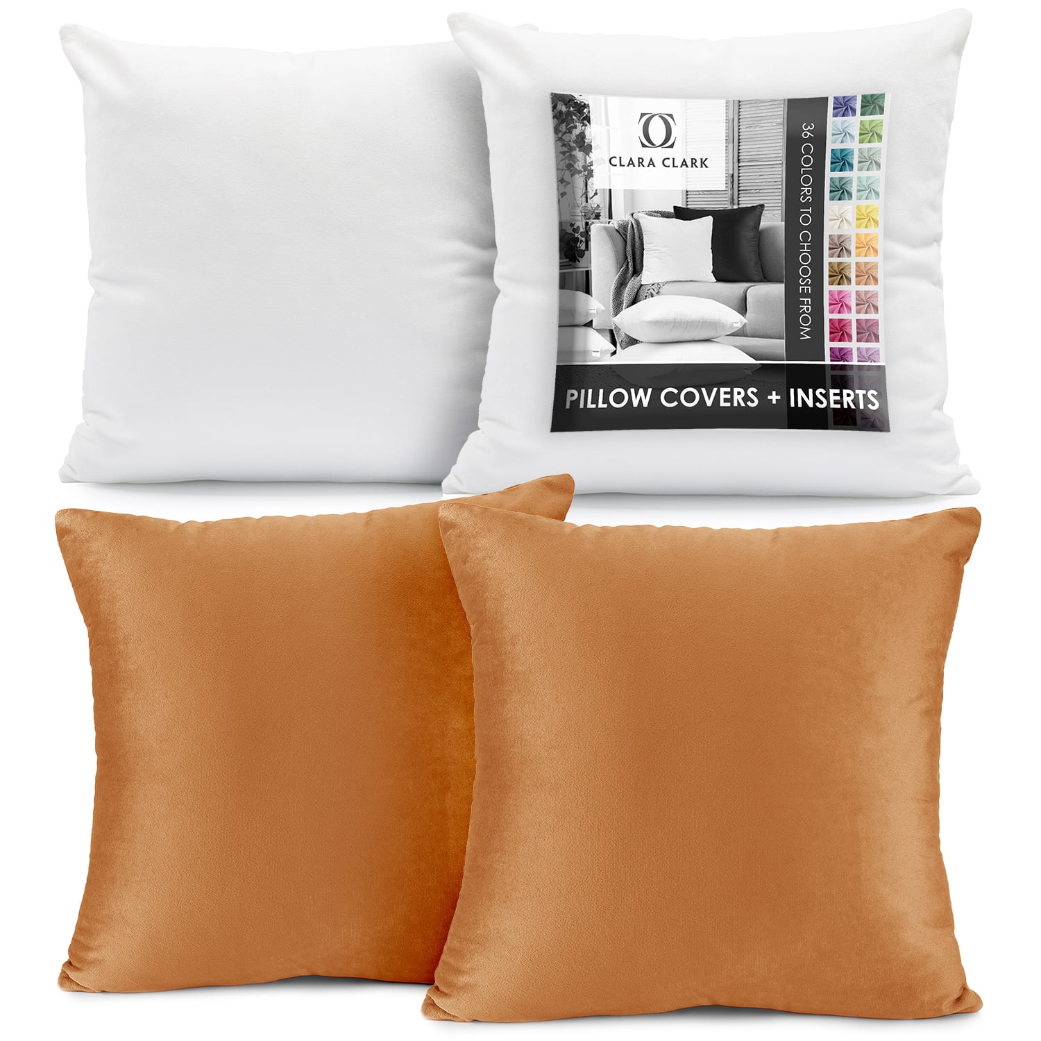 Clara Clark Plush Solid Decorative Microfiber Square Throw Pillow Cover with Throw Pillow Insert for Couch, Rust, 28"x28"", 4 Piece Decorative Soft Throw Pillow Set
