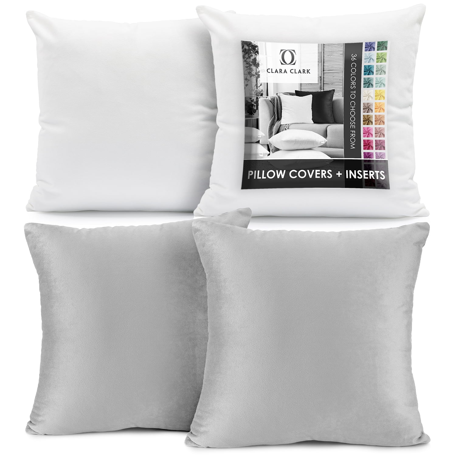 Clara Clark Plush Solid Decorative Microfiber Square Throw Pillow Cover with Throw Pillow Insert for Couch, Silver, 24"x24"", 4 Piece Decorative Soft Throw Pillow Set