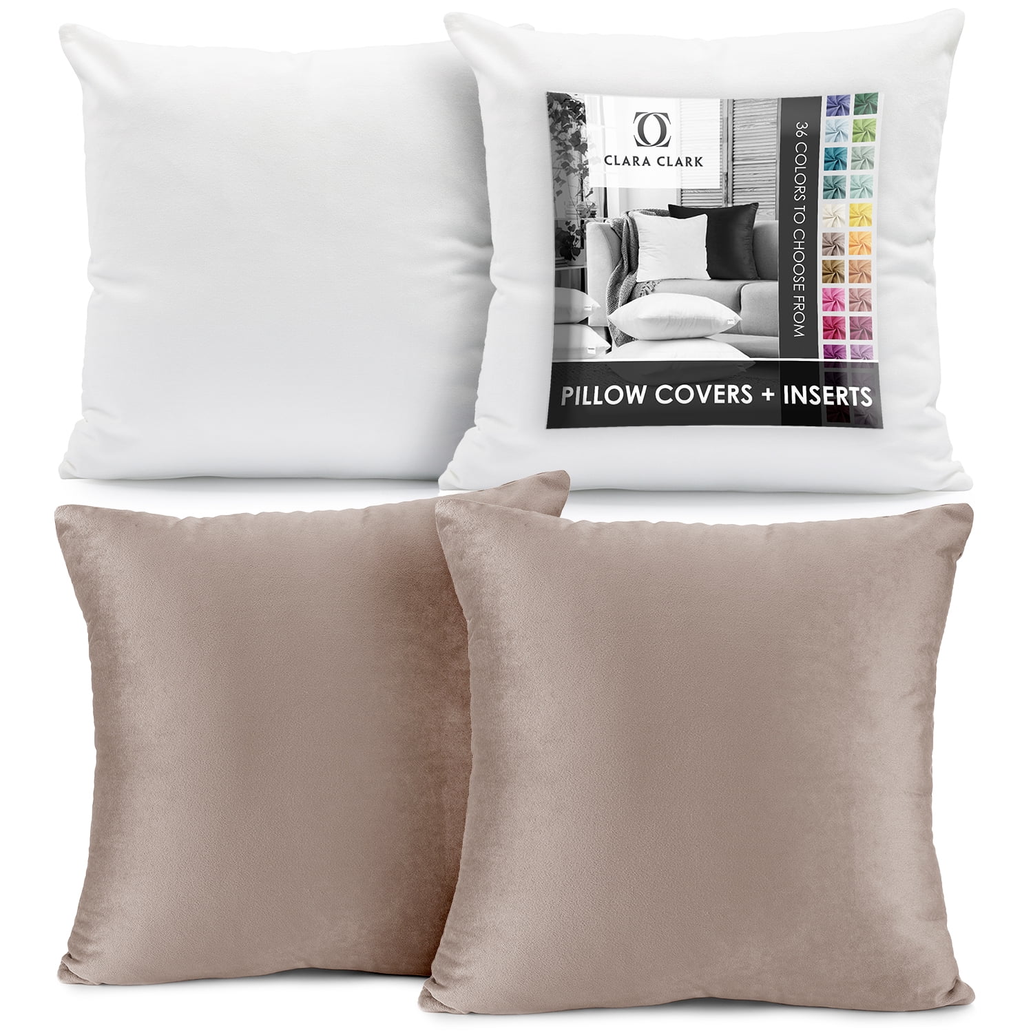 Clara Clark Plush Solid Decorative Microfiber Square Throw Pillow Cover with Throw Pillow Insert for Couch, Taupe, 28"x28"", 4 Piece Decorative Soft Throw Pillow Set