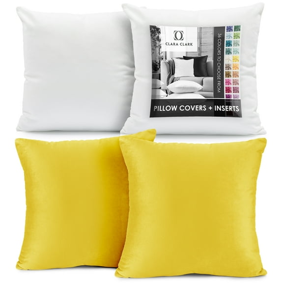 Clara Clark Plush Solid Decorative Microfiber Square Throw Pillow Cover with Throw Pillow Insert for Couch, Yellow, 20"x20"", 4 Piece Decorative Soft Throw Pillow Set