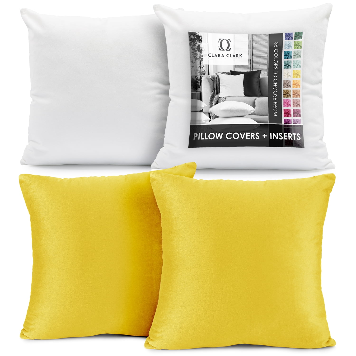 Clara Clark Plush Solid Decorative Microfiber Square Throw Pillow Cover with Throw Pillow Insert for Couch, Yellow, 24"x24"", 4 Piece Decorative Soft Throw Pillow Set