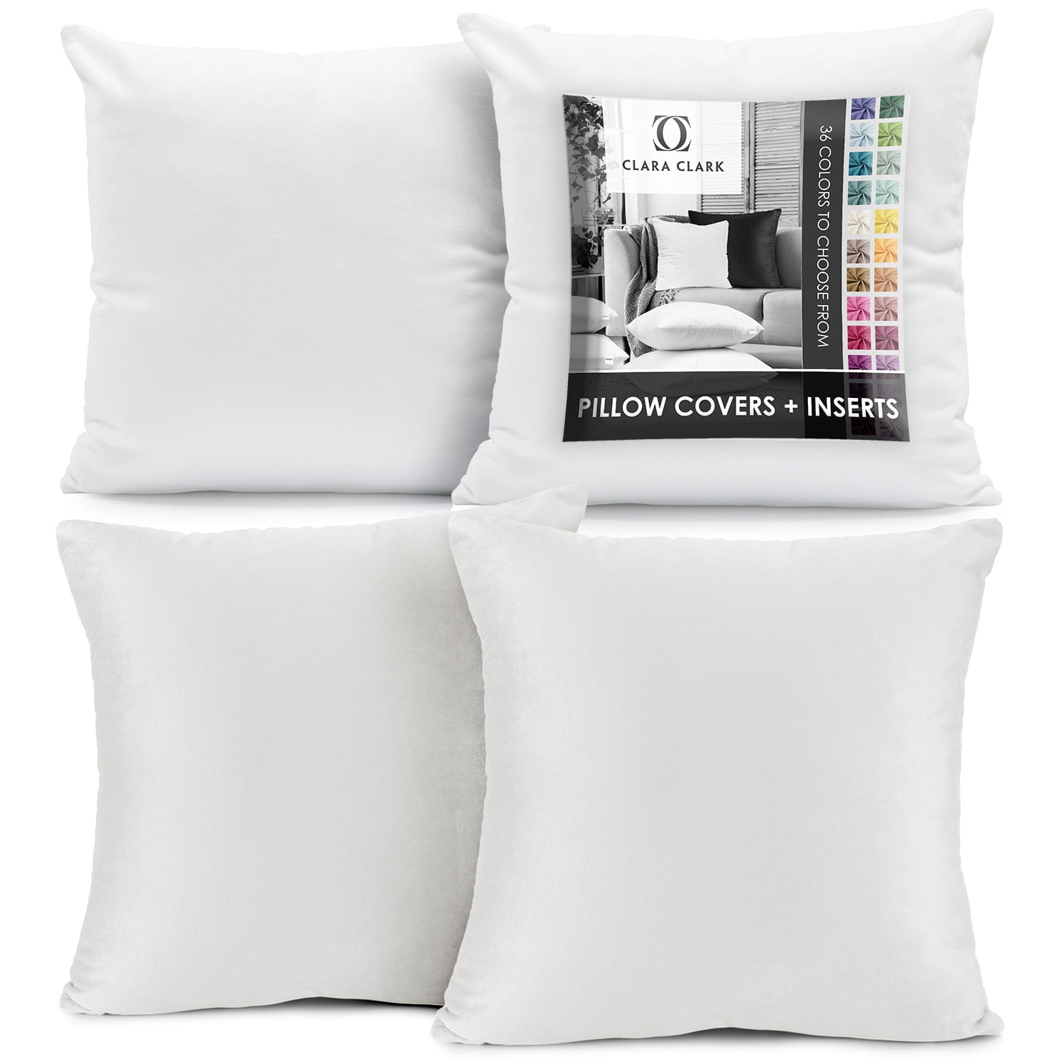 Clara Clark Plush Solid Decorative Microfiber Square Throw Pillow Cover with Throw Pillow Insert for Couch, white, 18"x18"", 4 Piece Decorative Soft Throw Pillow Set