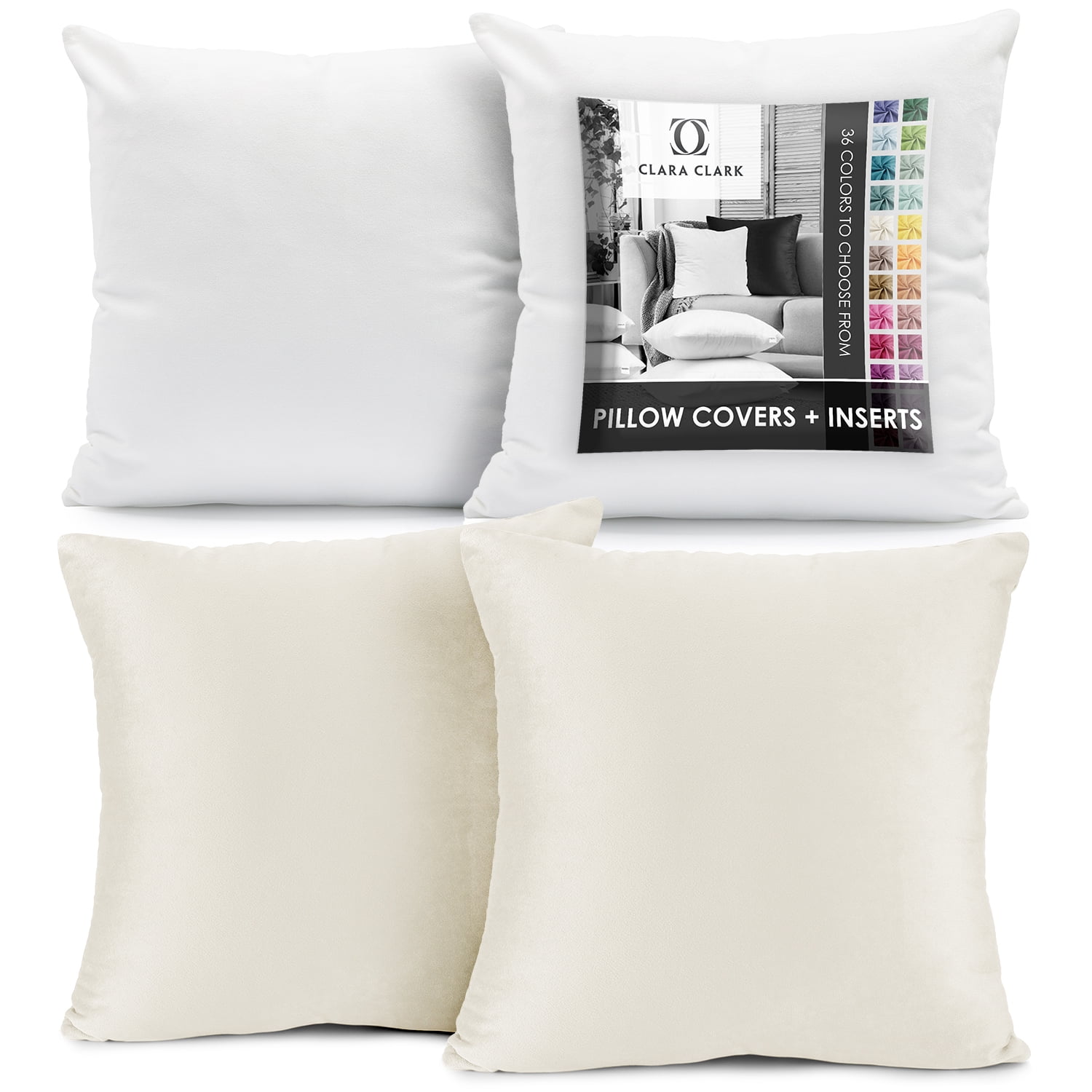 Clara Clark Plush Solid Decorative Microfiber Square Throw Pillow Cover with Throw Pillow Insert for Couch, Off white, 24"x24"", 4 Piece Decorative Soft Throw Pillow Set