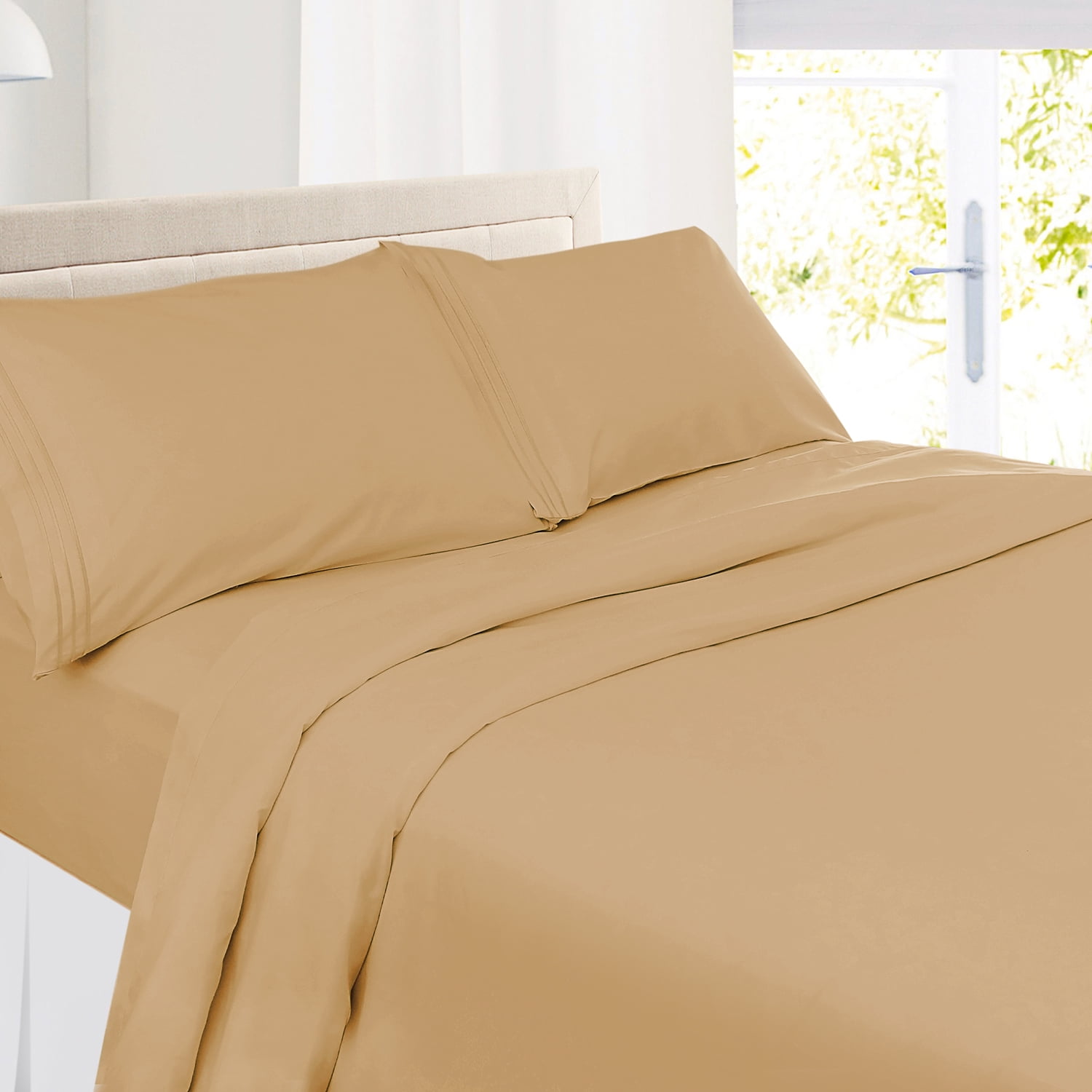 Clara Clark Premier 1800 Microfiber Collection 3-Line Bed Sheet Set, Full Size, Camel Gold