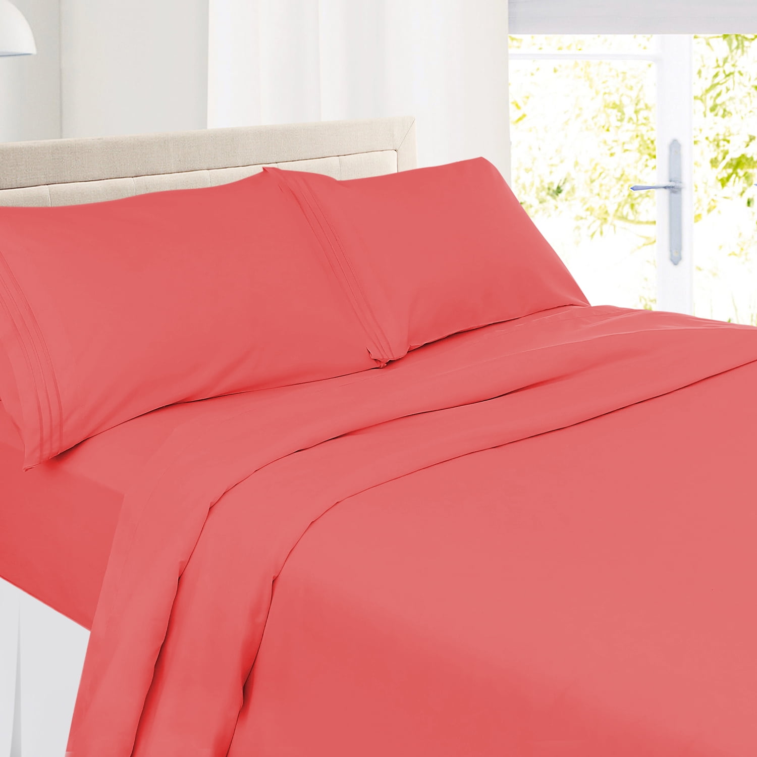 Clara Clark Premier 1800 Microfiber Collection 3-Line Bed Sheet Set, King Size, Coral Pink