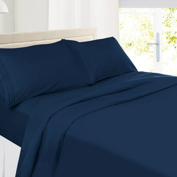 Clara Clark Premier 1800 Microfiber Collection 3-Line Bed Sheet Set, King Size, Navy Blue