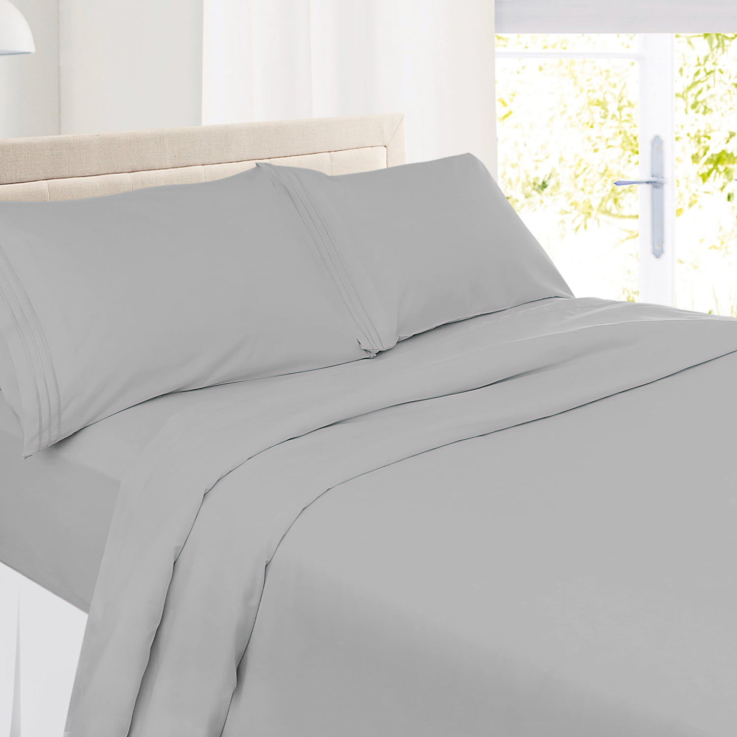Clara Clark Premier 1800 Microfiber Collection 3-Line Bed Sheet Set, Queen Size, Silver Gray