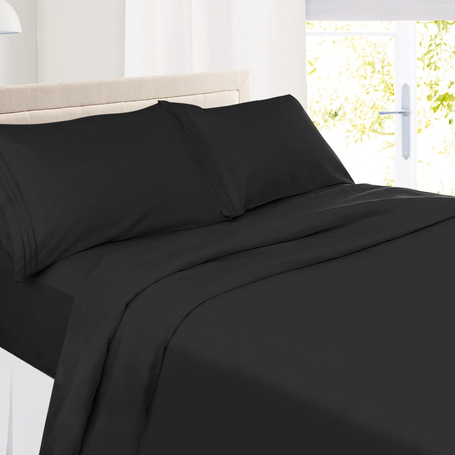 Clara Clark Premier 1800 Microfiber Collection 3-Line Bed Sheet Set, Split King Size, Black