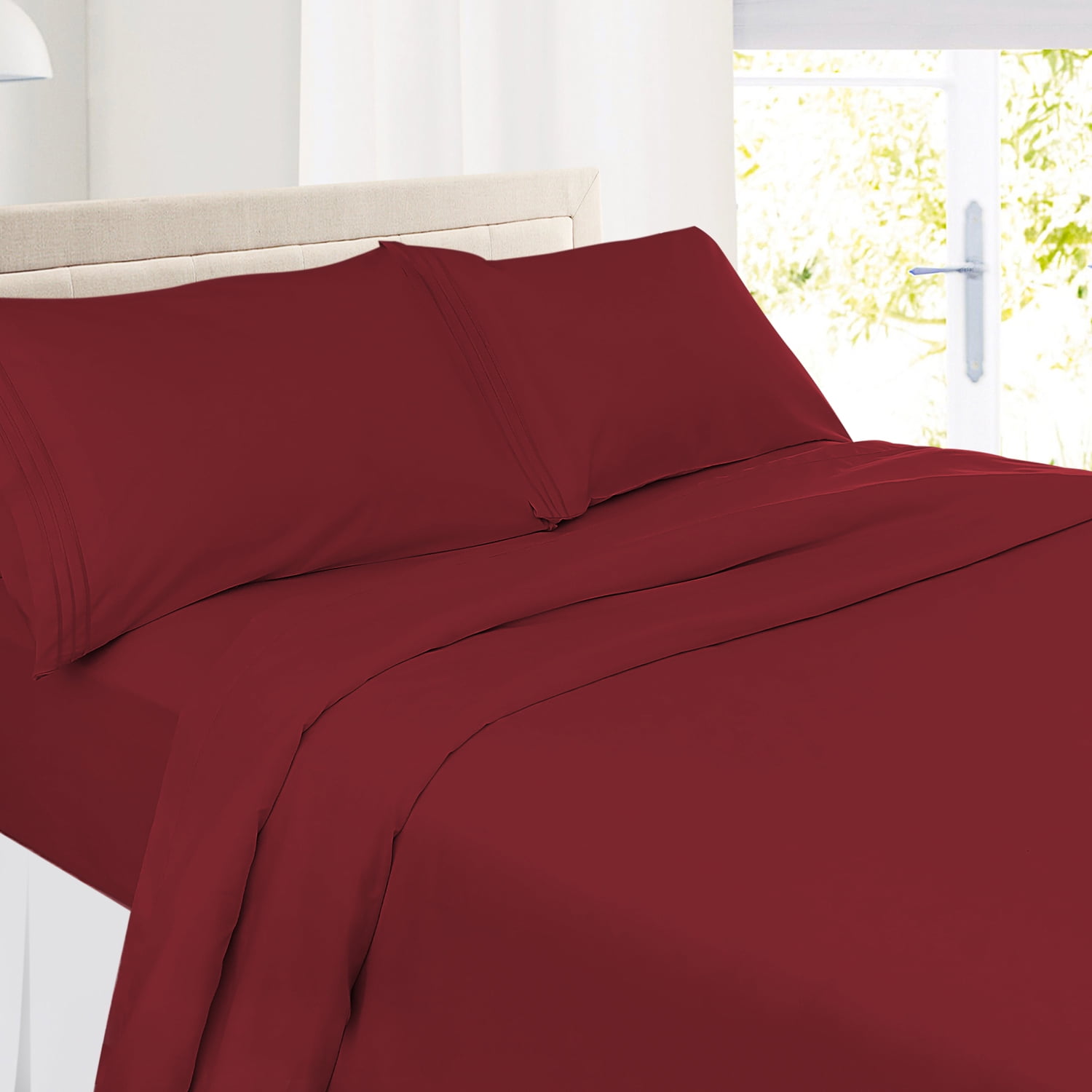 Clara Clark Premier 1800 Microfiber Collection 3-Line Bed Sheet Set, Split King Size, Burgundy Red