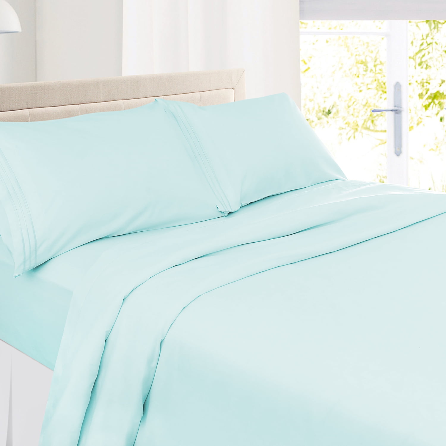 Clara Clark Premier 1800 Microfiber Collection 3-Line Bed Sheet Set, Split King Size, Light Baby Blue