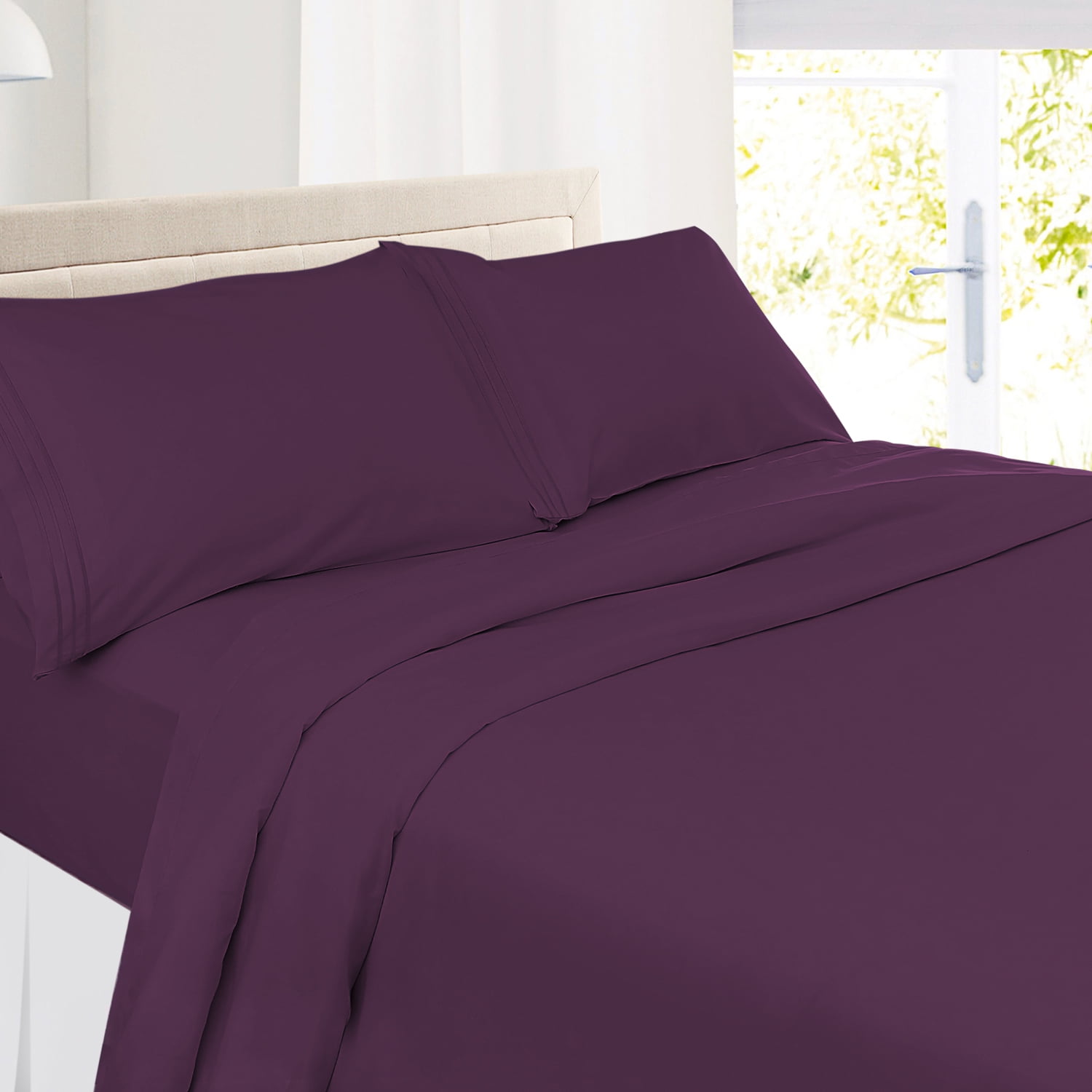 Clara Clark Premier 1800 Microfiber Collection 3-Line Bed Sheet Set, Split King Size, Purple