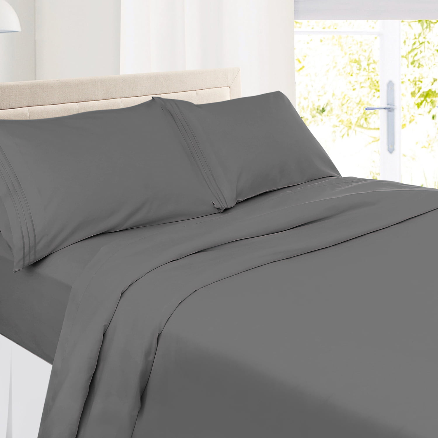 Clara Clark Premier 1800 Microfiber Collection 3-Line Bed Sheet Set, Twin Size, Charcoal Stone Gray