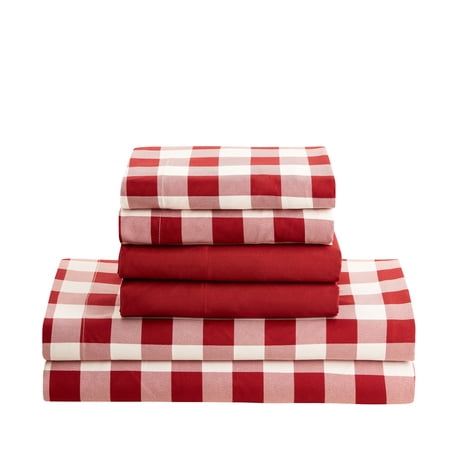 Clara Clark Printed Full Sheet Set - Shrinkage and Fade Resistant- 6 Piece Soft Deep Pocket Bed Sheets - 1 Fitted Sheet, 1 Flat Sheet, 2 Pillowcases and 2 Pillow Shams - Full, Checker Red