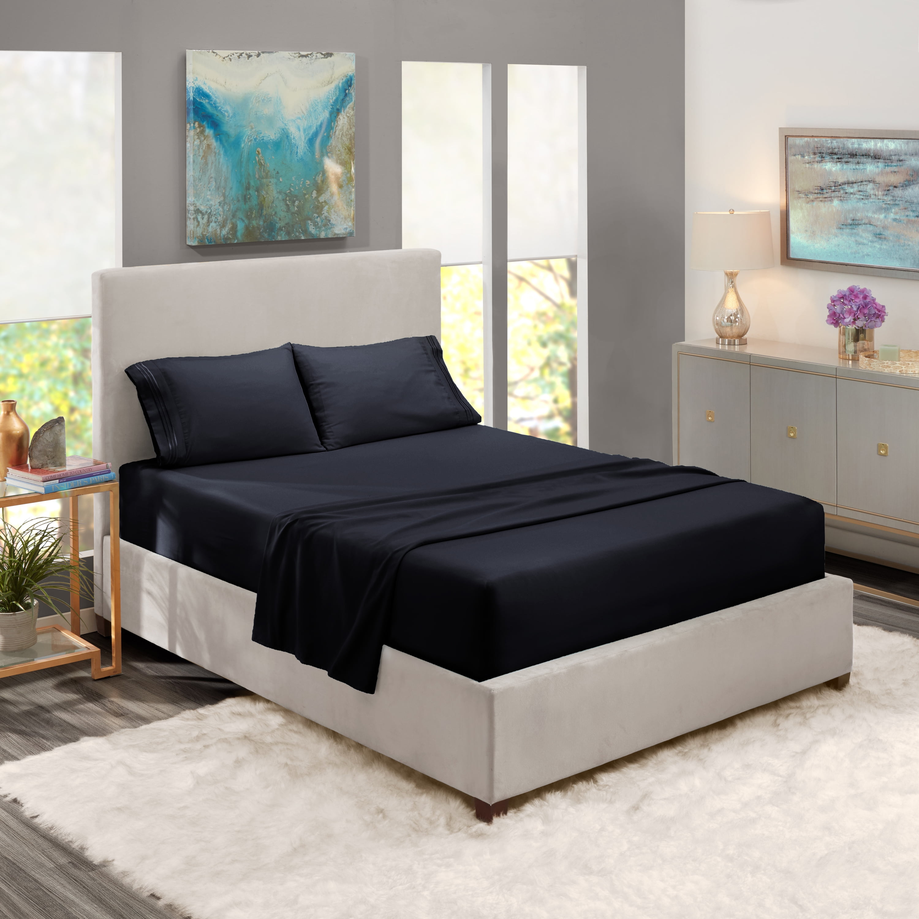Clara Clark Queen Sheets Set, Hotel Luxury 4 Piece Deep Pocket Sheets, Ultra Soft Microfiber Bed Sheets Set, Black