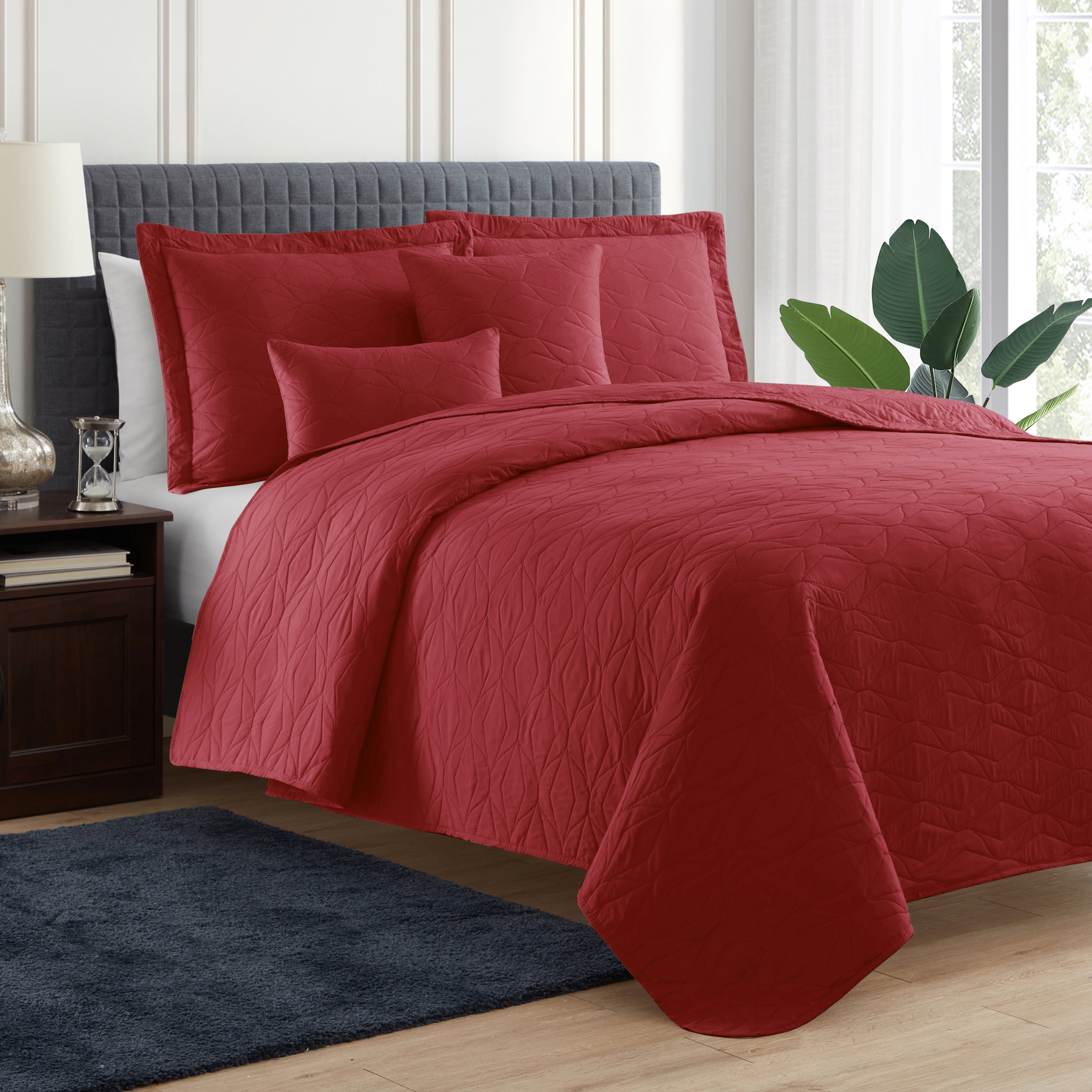 Clara Clark Quilt Set King Bedspread, 5-Piece Ellipse Weave Lightweight Coverlet, Burgundy Red