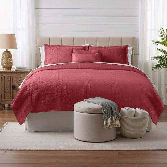 Clara Clark Quilt Sets, 5 Piece Lightweight Reversible Quilt Bedspread, Grid Weave Coverlet Bedding Set, King Burgundy