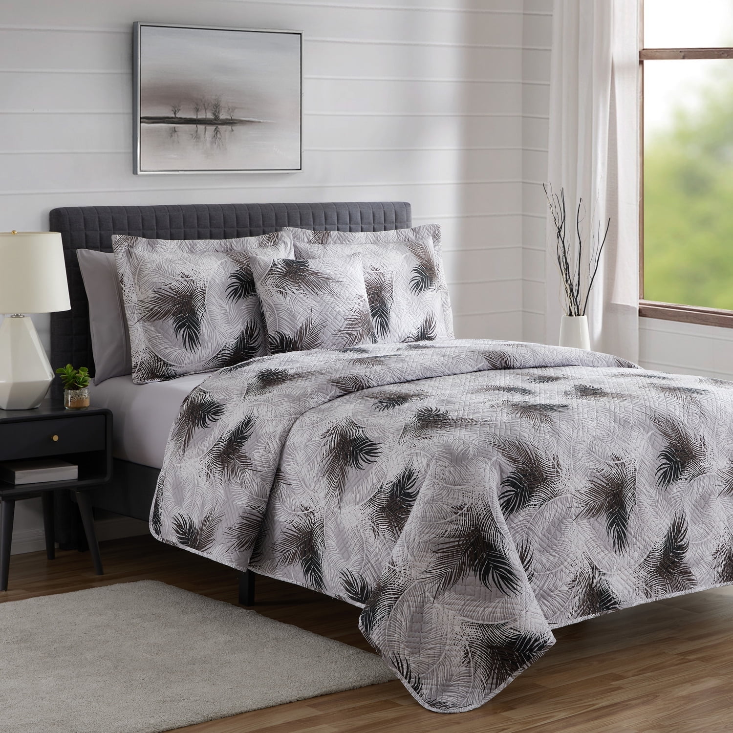 King Gray Microfiber Palm Leaf Printed Bedding Set