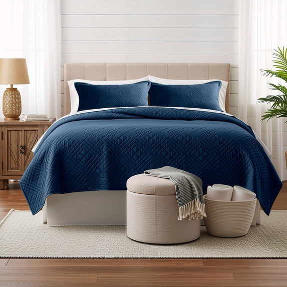 Clara Clark Quilt Sets, 5 Piece Lightweight Reversible Quilt Bedspread, Diamond Weave Coverlet Bedding Set, Queen Navy