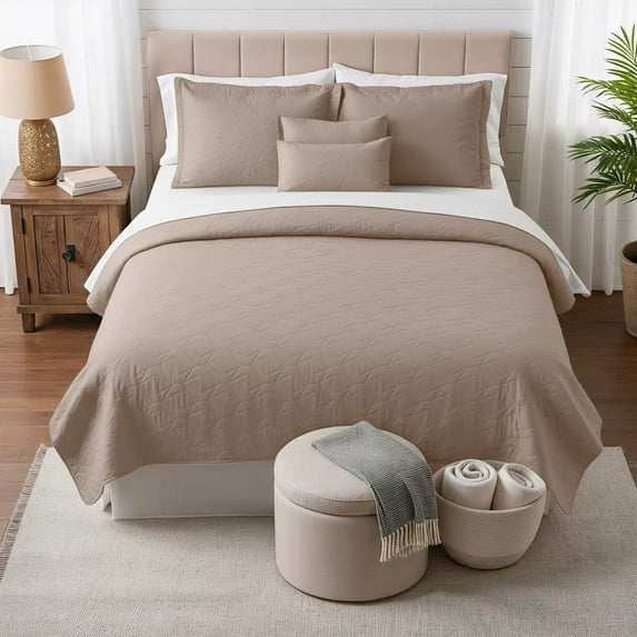 Clara Clark Quilt Sets, 5 Piece Lightweight Reversible Quilt Bedspread, Ellipse Weave Coverlet Bedding Set, Queen Beige Cream