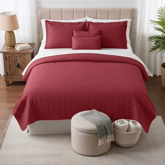 Clara Clark Quilt Sets, 5 Piece Lightweight Reversible Quilt Bedspread, Ellipse Weave Coverlet Bedding Set, Queen Burgundy