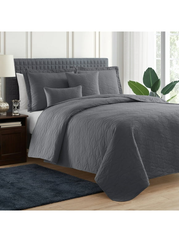 Clara Clark Quilt Set Queen Bedspread, 5-Piece Ellipse Weave Lightweight Coverlet, Gray