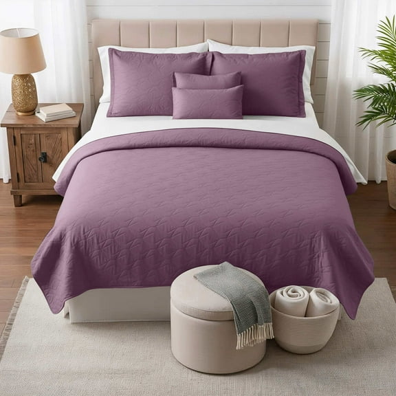 Clara Clark Quilt Sets, 5 Piece Lightweight Reversible Quilt Bedspread, Ellipse Weave Coverlet Bedding Set, Queen Lavender Dream
