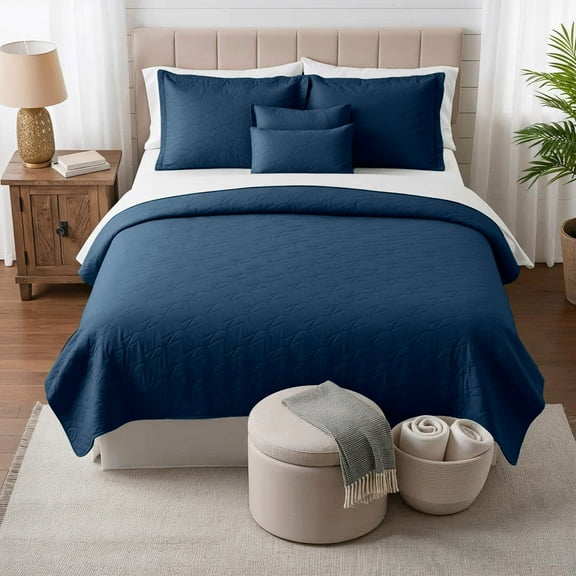Clara Clark Quilt Sets, 4 Piece Lightweight Reversible Quilt Bedspread, Ellipse Weave Coverlet Bedding Set, Twin Navy