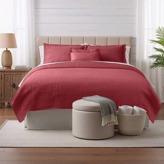 Clara Clark Quilt Sets, 4 Piece Lightweight Reversible Quilt Bedspread, Grid Weave Coverlet Bedding Set, Twin Burgundy
