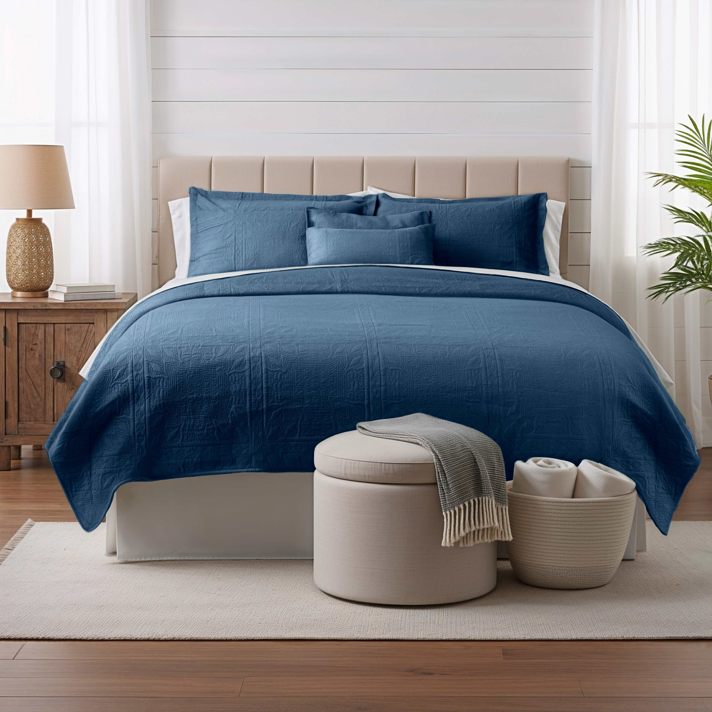 Clara Clark Quilt Sets, 4 Piece Lightweight Reversible Quilt Bedspread, Grid Weave Coverlet Bedding Set, Twin Navy