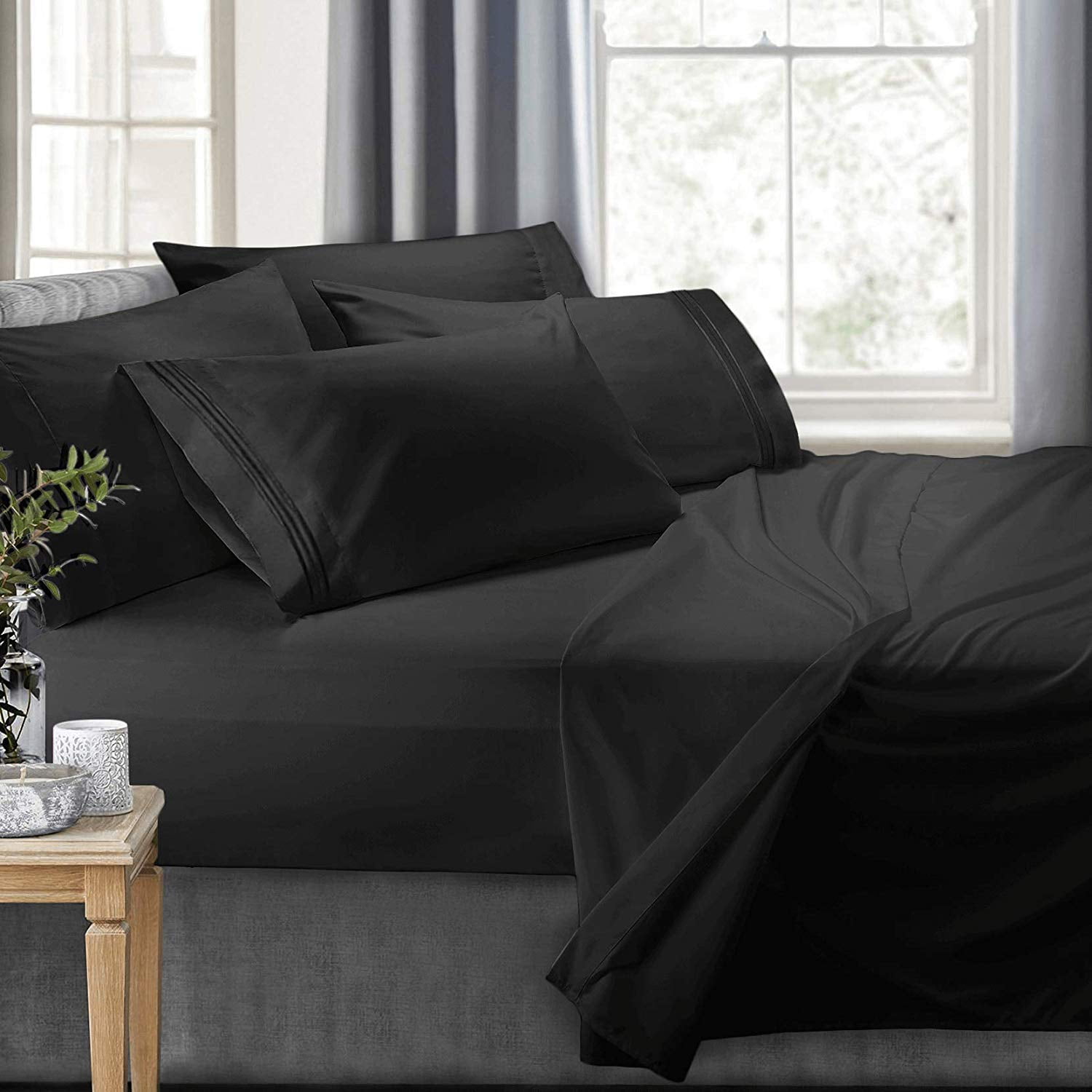 Clara Clark RV/Short Queen 6-Piece Bed Set for Campers - Deep Pocket Fitted Sheet Luxury Soft Microfiber, Black