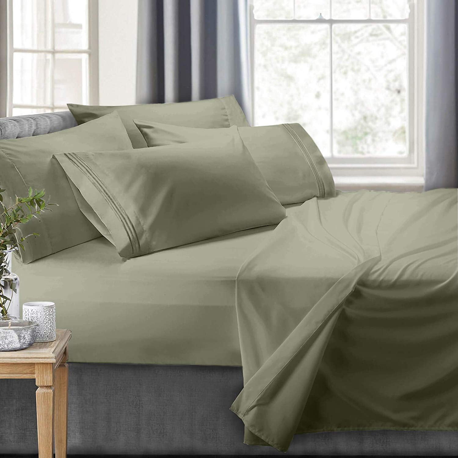 Clara Clark RV/Short Queen 6-Piece Bed Set for Campers - Deep Pocket Fitted Sheet Luxury Soft Microfiber, Hypoallergenic, Sage Green