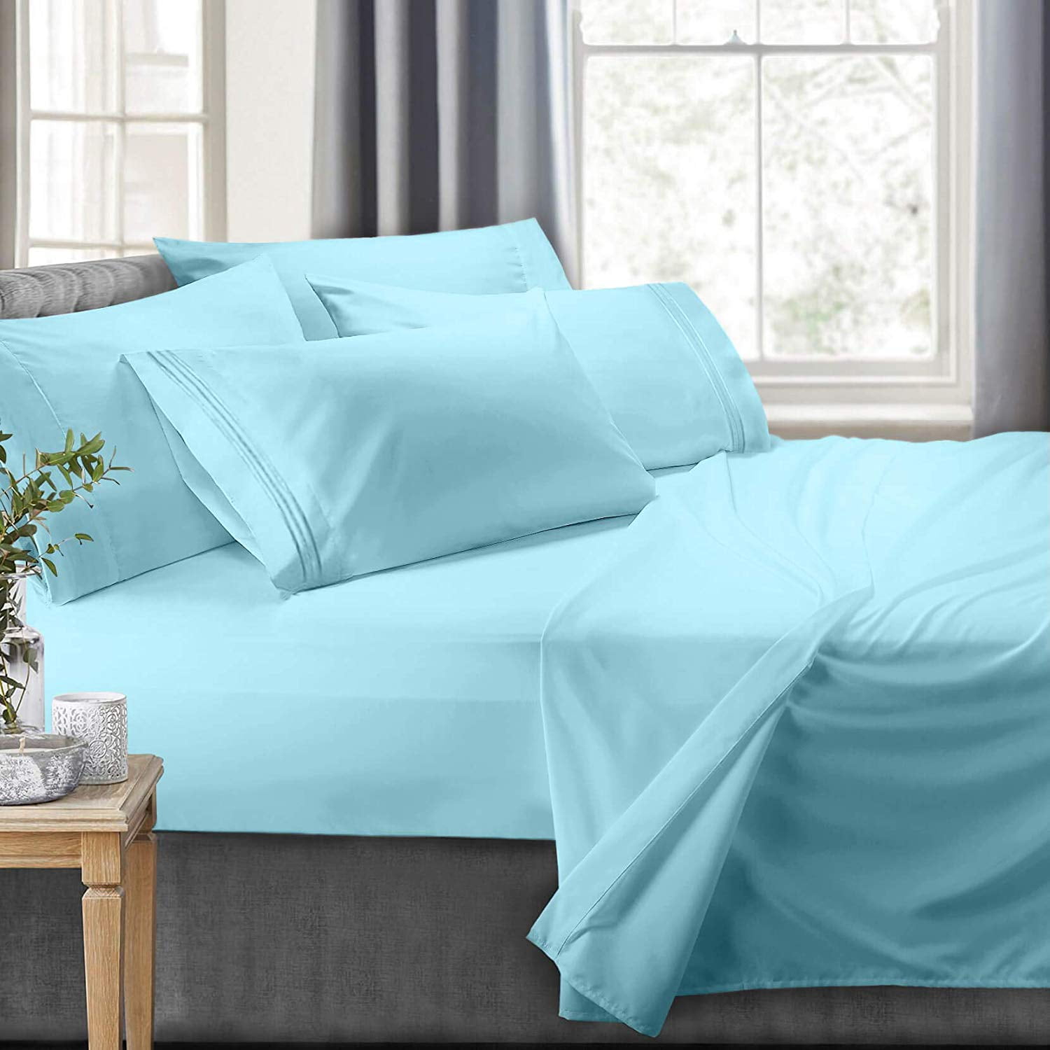 Clara Clark RV/Short Queen 6-Piece Bed Set for Campers - Deep Pocket Fitted Sheet Luxury Soft Microfiber, Light Blue