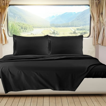 Clara Clark, RV/Short Size, Bed Sheets Set, Luxury Bedding Sheets Set, 4-Piece Bed Set, Deep Pockets Fitted Sheet 100% Soft Microfiber, Hypoallergenic Cool & Breathable, Black