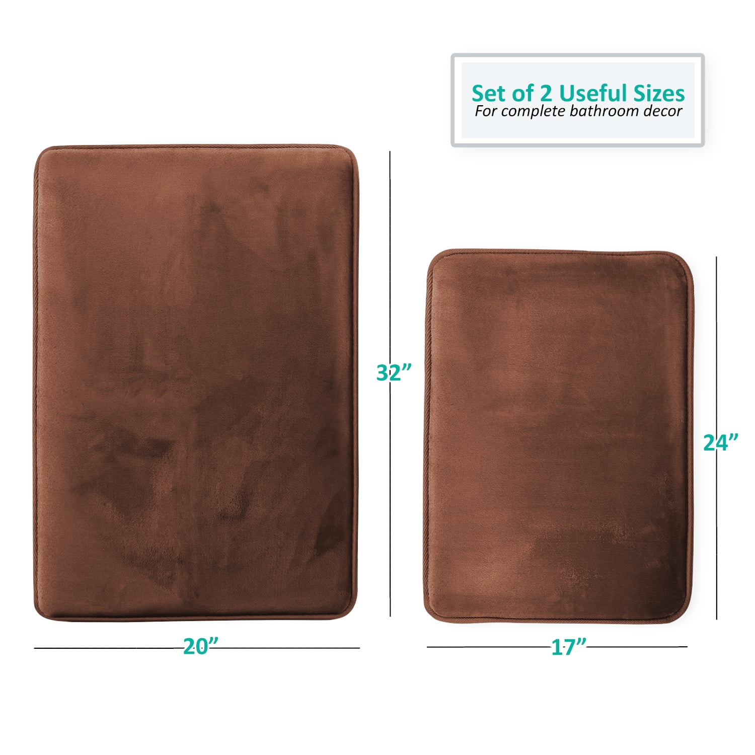 Clara Clark Set of 2 Absorbent Memory Foam Bath Mat Bathroom Rugs,17x24 Plus 20x32 inch Bath Rugs, Brown