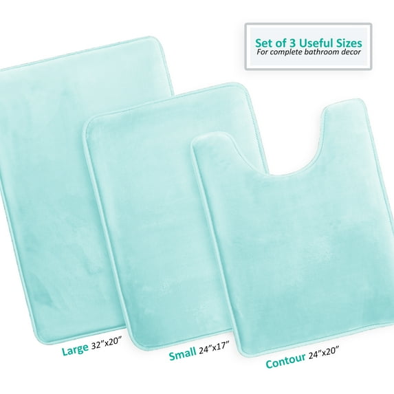 Clara Clark Set of 3 Absorbent Memory Foam Bath Mat Bathroom Rugs, 20x32, 17x24 and Contour Bath Rug, Aqua