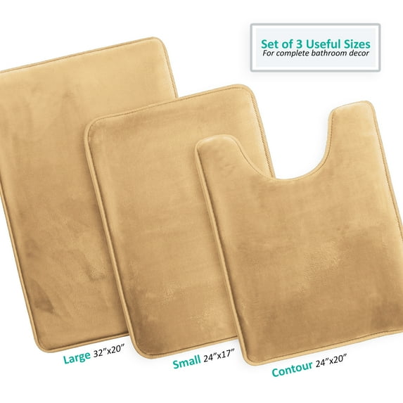 Clara Clark Set of 3 Absorbent Memory Foam Bath Mat Bathroom Rugs, 20x32, 17x24 and Contour Bath Rug, Camel Gold