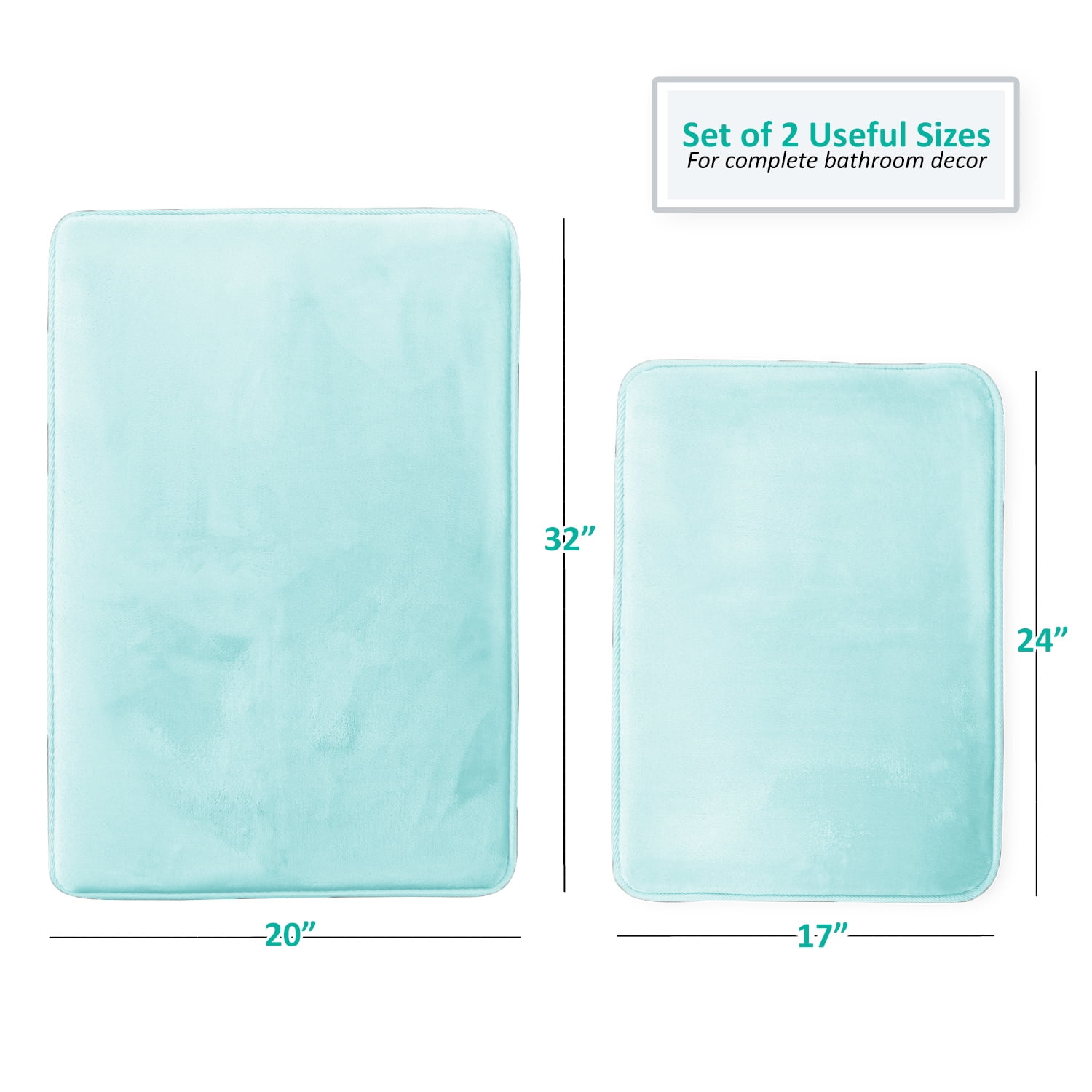 Clara Clark Solid Print Aqua Memory Foam Bath Rug Set, 20" x 32", Machine Washable (2 Count)