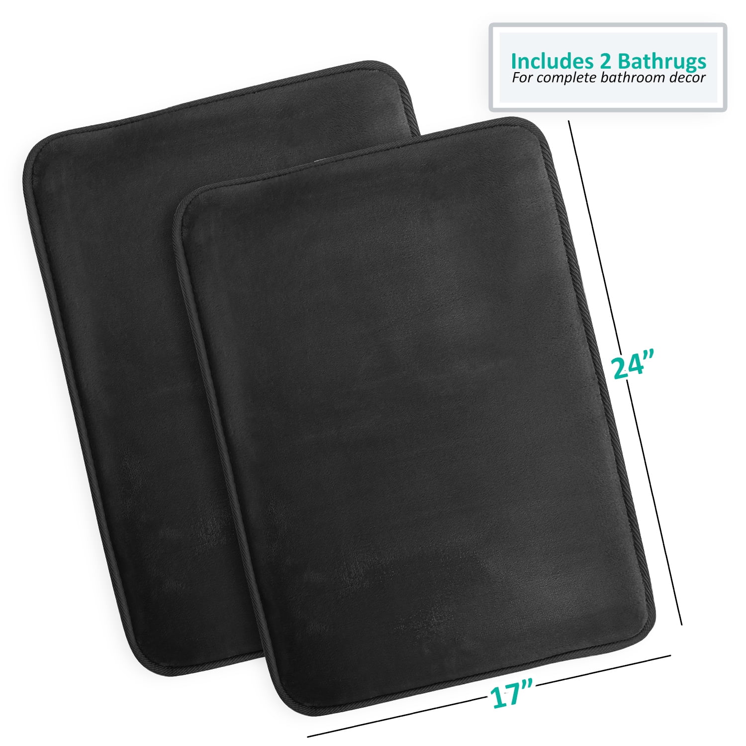 Clara Clark Solid Print Black Memory Foam Bath Rug Set, 17" x 24", Machine Washable (2 Count)