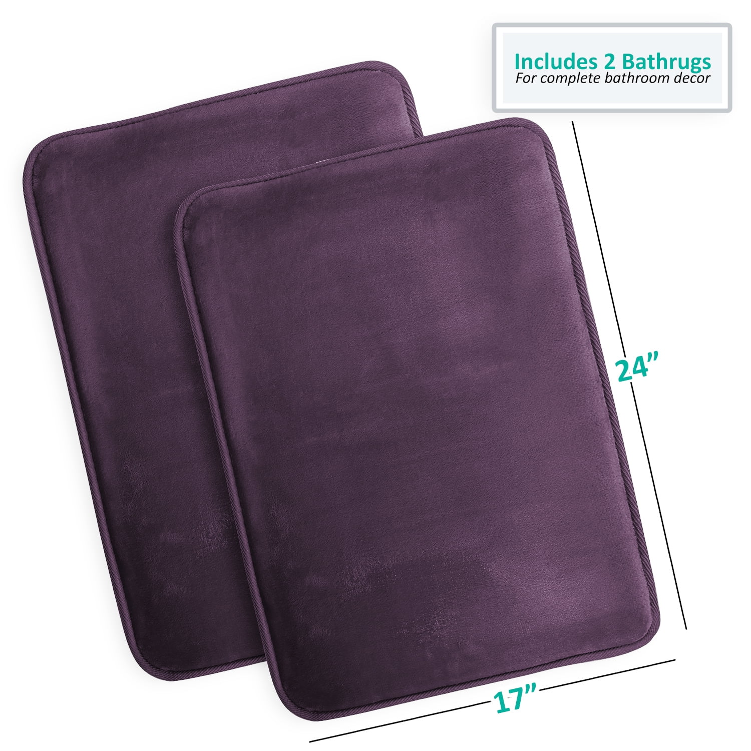 Clara Clark Solid Print Purple Memory Foam Bath Rugs, 17x24", Non-Slip Backing (2 Count)