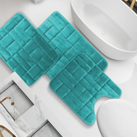 Clara Clark Ultra Soft Non Slip and Absorbent Bath Rug - Tiled Velvet Memory Foam Bath Mat Teal Small-Large-Contour (3PK)