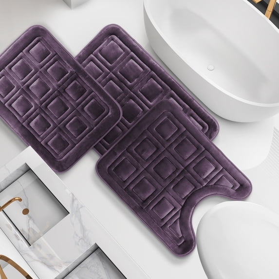 Clara Clark Ultra Soft Non Slip and Absorbent Bath Rug - Waffled Velvet Memory Foam Bath Mat Purple Eggplant Small-Large-Contour (3PK)