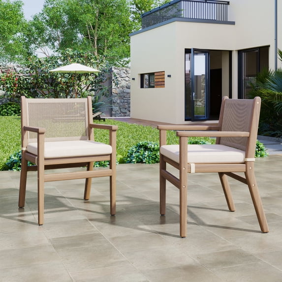 Clara Classic Solid Wood Outdoor Patio Dining Chairs with Rope Backrest, Removeable Cushions, Light Brown+Beige, Set of 2