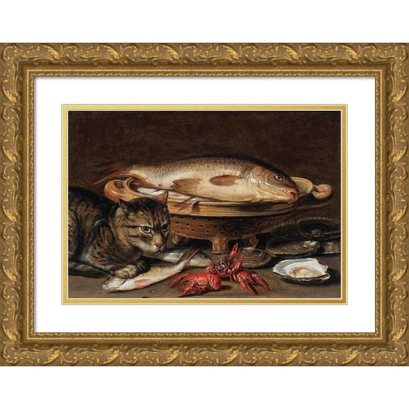 Clara Peeters 18x14 Gold Ornate Wood Frame and Double Matted Museum Art Print Titled - A Still Life with Fish in a Ceramic Collander, Oysters, Langoustines, Mackerel and a Cat on the Ledge B