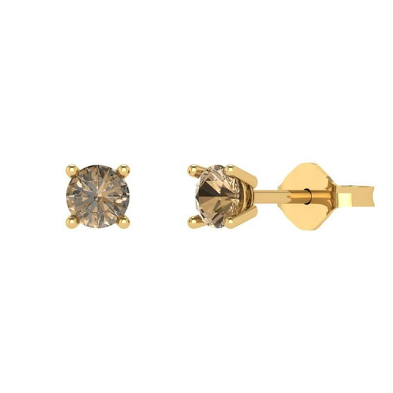 14K Solid Gold Push Back Stud Earrings for Women | 0.2 cttw Round Cut Simulated Champagne Diamond | Yellow Gold