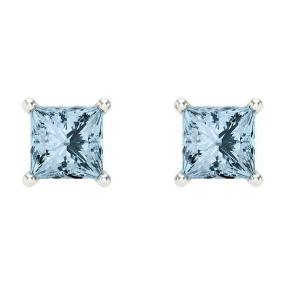 0.5 ct Screw-Back Stud Earrings for Women | 3.5mm Princess Cut Natural Aquamarine | 18K White Gold