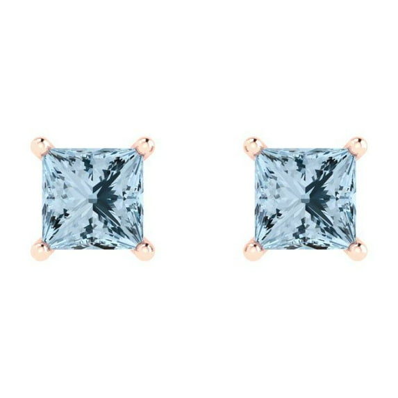 0.5 ct Push-Back Stud Earrings for Women | 3.5mm Princess Cut Simulated Blue Diamond | 18K Rose Gold