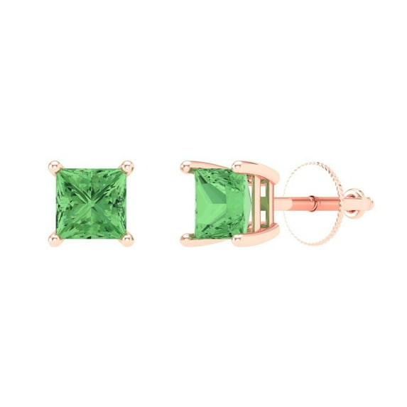 0.5 ct Screw-Back Stud Earrings for Women | 3.5mm Princess Cut Simulated Green Diamond | 18K Rose Gold