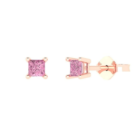 14K Solid Gold Push Back Stud Earrings for Women | 0.5 cttw Princess Cut Simulated Pink Diamond | Rose Gold