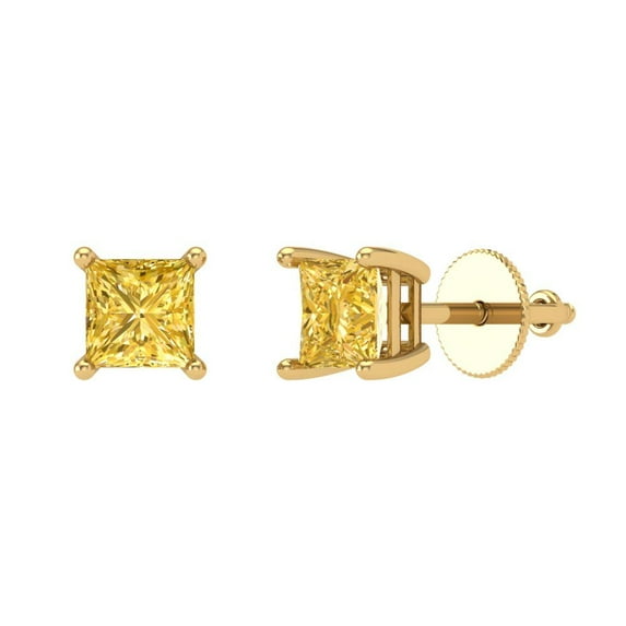 14K Solid Gold Screw Back Stud Earrings for Women | 0.5 cttw Princess Cut Simulated Yellow Diamond | Yellow Gold